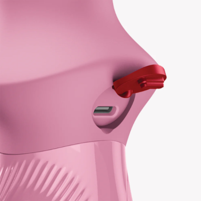 Dispositivo rosa com tampa vermelha e entrada USB