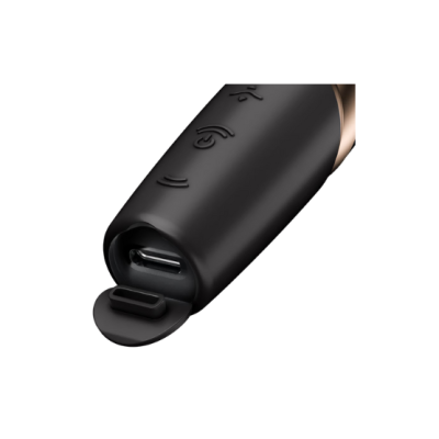 Dispositivo eletrônico preto com porta USB-C aberta