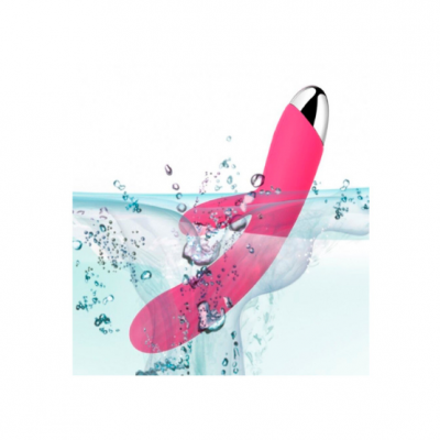 Vibrador rosa com extremidade prateada submerso em água