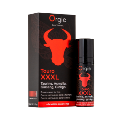 Frasco preto e embalagem preta e vermelha do creme Orgie Touro XXXL para homem