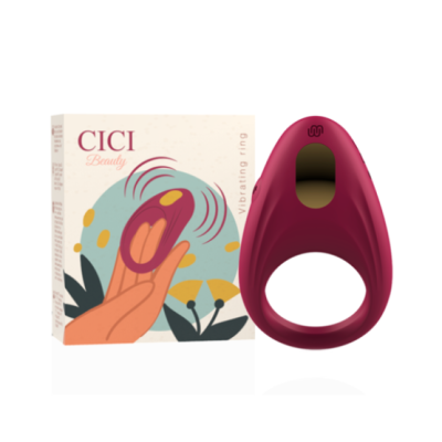 Anel vibratório vermelho com embalagem ilustrada