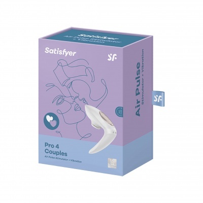 Caixa lilás e azul do Satisfyer Pro 4 Couples com imagem do produto e ilustração de casal