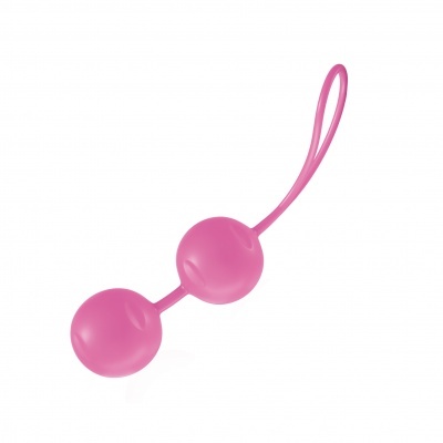 Duas bolas cor-de-rosa ligadas por alça flexível em fundo branco