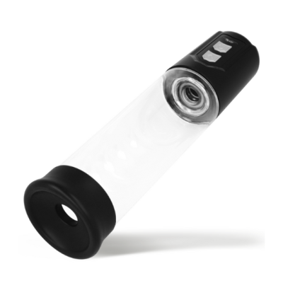 Dispositivo cilíndrico transparente com extremidades em plástico preto e dois botões brancos