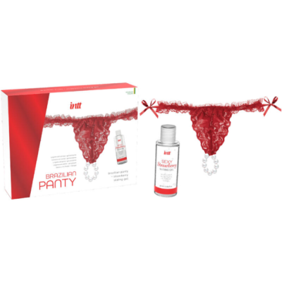 Conjunto de cueca vermelha em renda com laços e pérolas, gel lubrificante Sexy Strawberry e embalagem.