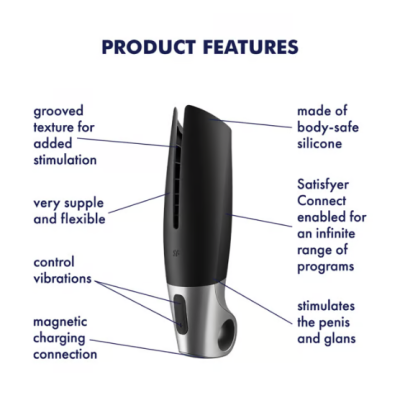 Dispositivo preto de silicone com base prateada e texturas caneladas, ilustrado com descrições das suas funcionalidades