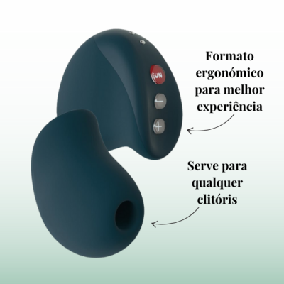 Dispositivo sexual preto com botões e texto explicativo em português