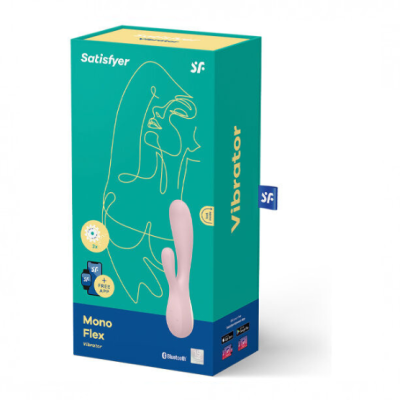 Embalagem azul e verde de vibrador Mono Flex da marca Satisfyer com texto e ilustração linear