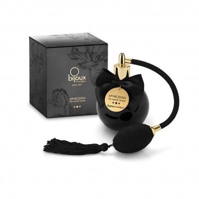 Frasco de spray corporal preto com fole e caixa preta decorada