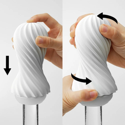 Dispositivo branco com textura espiral sendo manuseado sobre garrafa transparente