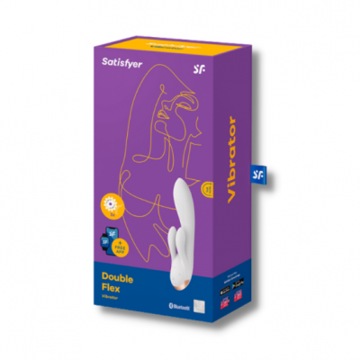 Embalagem roxa e azul com vibrador branco Double Flex da Satisfyer