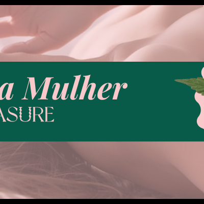 Promoção 'Semana da Mulher' com produtos Get High em embalagem colorida sobre fundo feminino desfocado