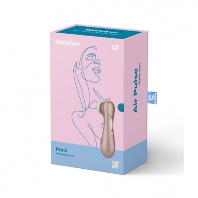 Embalagem do Satisfyer Air Pulse Pro 2 cor-de-rosa e azul com ilustração de rosto e imagem do dispositivo