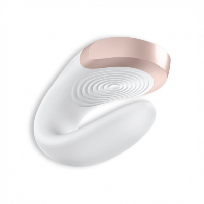 Dispositivo ergonómico branco e rosa dourado com textura circular