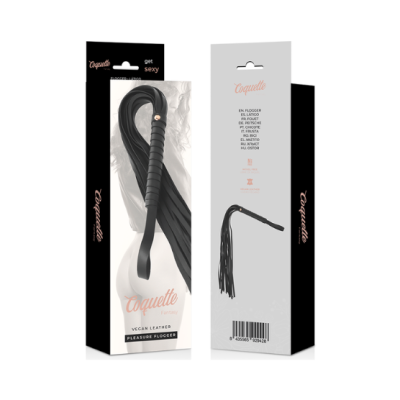 Embalagem de couro vegano preto Coquette Fantasy Pleasure Flogger com texto e código de barras