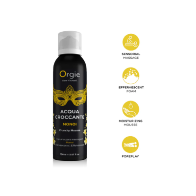 Frasco de espuma para massagem Orgie Acqua Croccante Monoi com ícones descritivos