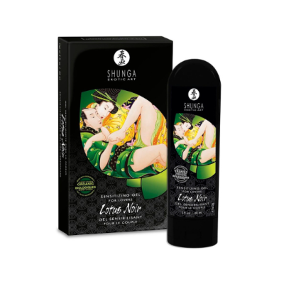 Embalagem e frasco preto com arte japonesa e texto de gel sensorizante para casais