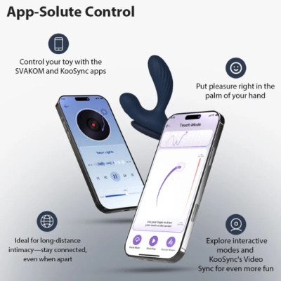 Dispositivo de silicone azul escuro com dois smartphones mostrando apps de controlo remoto para brinquedo íntimo.