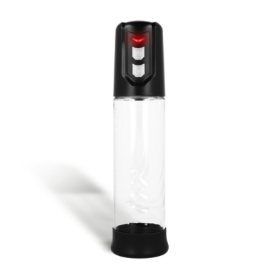 Bomba para aumento do pénis transparente com tampa e base pretas e botões brancos