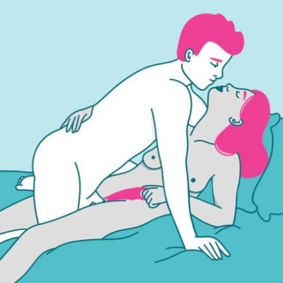 Ilustração de casal nu com cabelo rosa em cama azul clara