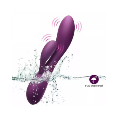 Vibrador roxo anatómico à prova de água IPX7 com duas pontas vibratórias