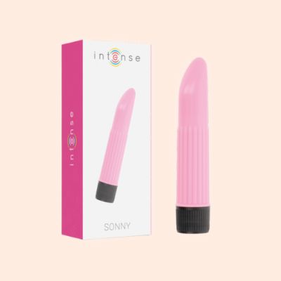 Vibrador rosa com base preta e embalagem branca e rosa