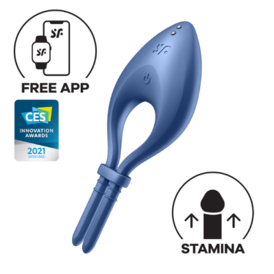 Dispositivo azul com botões e ícones de aplicação gratuita e prémio CES.