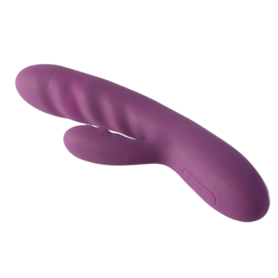 Vibrador roxo em silicone com textura ondulada e braço auxiliar