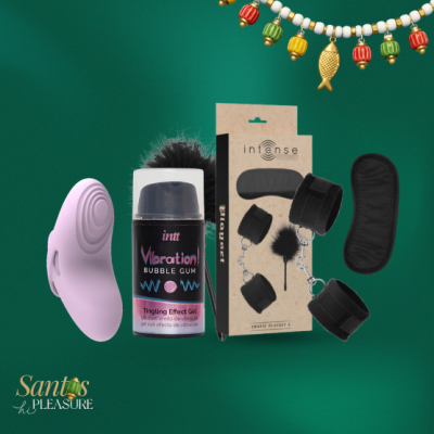 Set de produtos eróticos com vibrador lilás, gel vibratório e algemas pretas num fundo verde