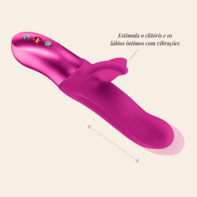 Vibrador rosa com comandos e texto explicativo em fundo bege