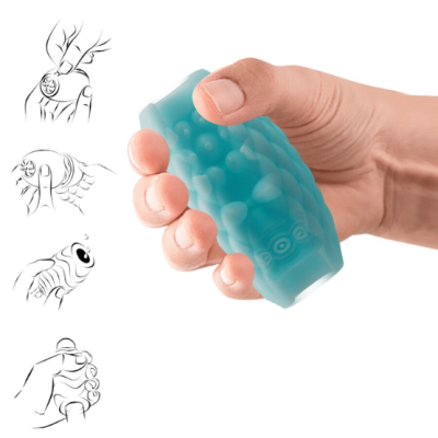 Dispositivo azul texturizado a ser apertado com a mão.