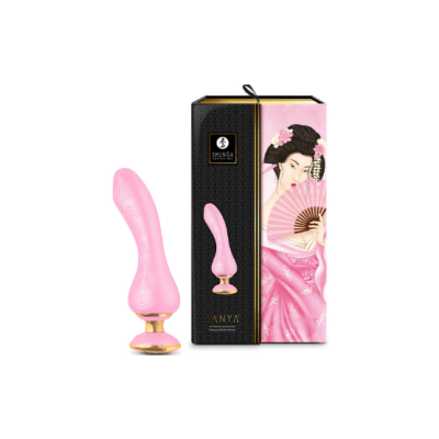 Vibrador cor-de-rosa com base dourada e caixa preta e rosa com mulher japonesa e texto SHUNGA