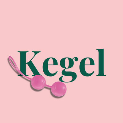 Bolas de exercício Kegel rosas sobre fundo cor-de-rosa com texto verde