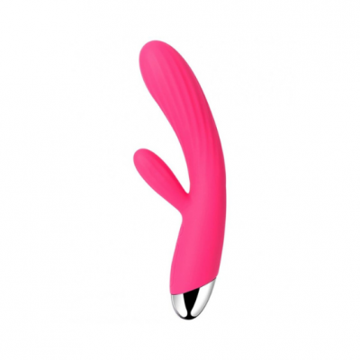 Vibrador rosa em silicone com base prateada e textura ondulada