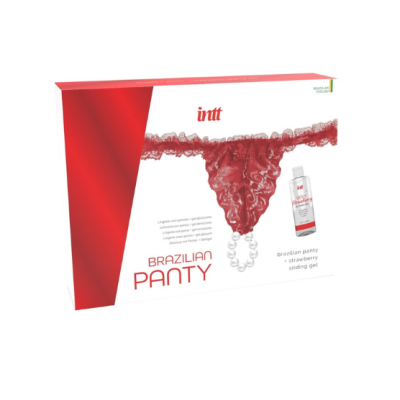 Embalagem de cueca brasileira vermelha rendada com acessórios e gel deslizante de morango da marca intt