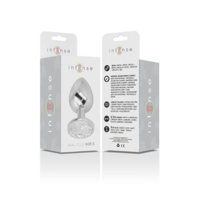plug anal metálico prateado em embalagem com detalhes da marca Intense