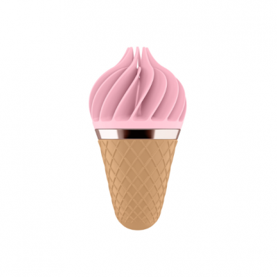 Objeto em forma de gelado com cone bege e creme rosa em fundo branco