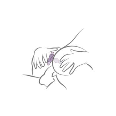 Desenho minimalista de mãos segurando objeto roxo em estrutura redonda com esferas.