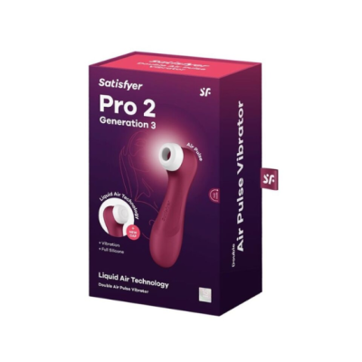 Caixa roxa e vermelha com vibrador roxo e branco Satisfyer Pro 2