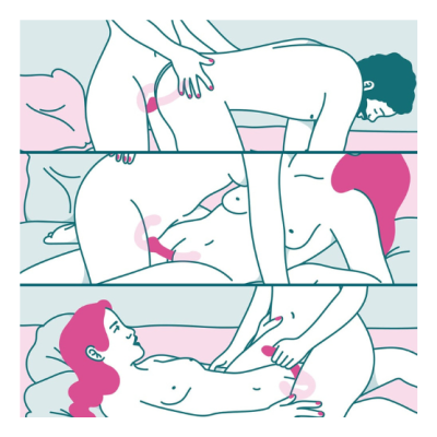 Ilustração de casal em posições sexuais com destaques em rosa