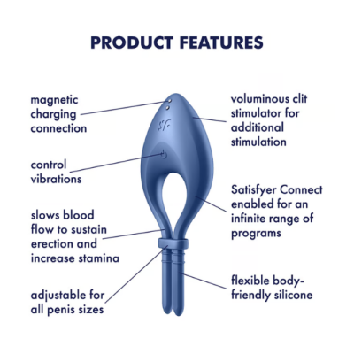 Estimulador corporal azul em silicone com texto descritivo em inglês