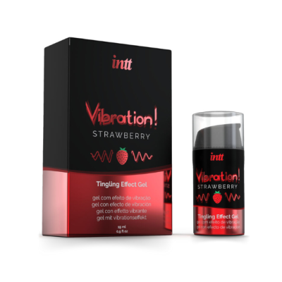 Gel vibrante de morango em frasco preto e vermelho com caixa preta e vermelha ao lado