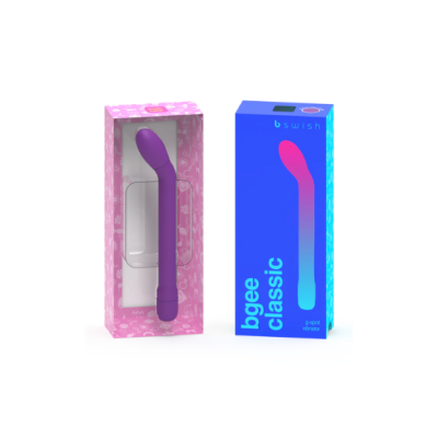 Vibrador bgee classic roxo e embalagens azul e rosa.