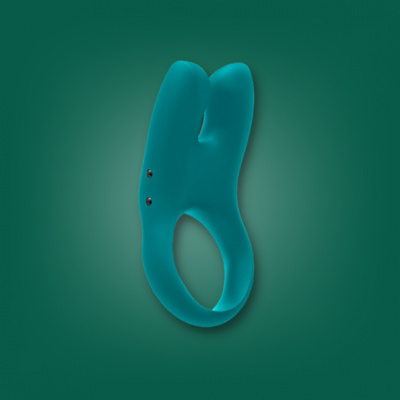 Anel azul em silicone com botões pretos sobre fundo verde.