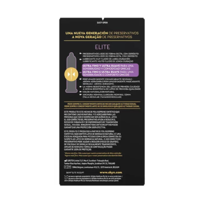 Embalagem preta de preservativos Elite com texto em espanhol e português e detalhes coloridos