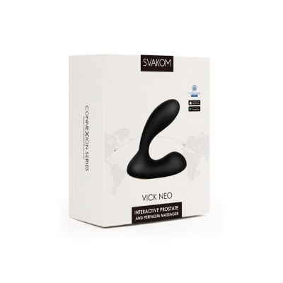 Embalagem branca com massageador preto para próstata e períneo da SVAKOM