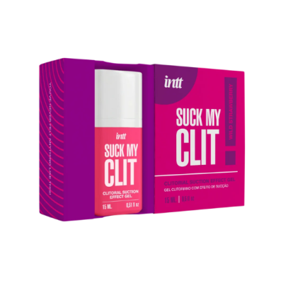 Gel de efeito de sucção clitoriano em embalagem rosa, roxa e branca com texto SUCK MY CLIT.