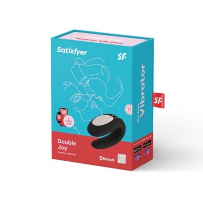 Embalagem do vibrador Satisfyer Double Joy azul e vermelha com imagem do produto preto