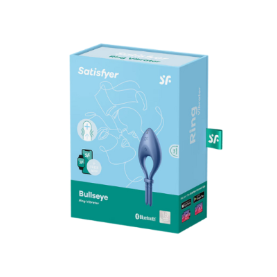 Embalagem do vibrador Satisfyer Bullseye Ring Vibrator azul com fundo azul e verde
