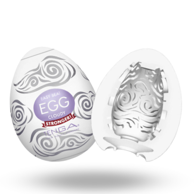 Ovo branco EASY BEAT EGG CLOUDY com padrão e texto, aberto mostrando interior texturizado